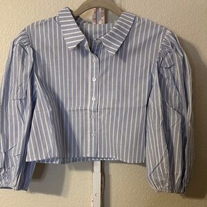 Choosy Womens Striped Puff Sleeve‎ Collared Button Up Crop Shirt XL Blue White